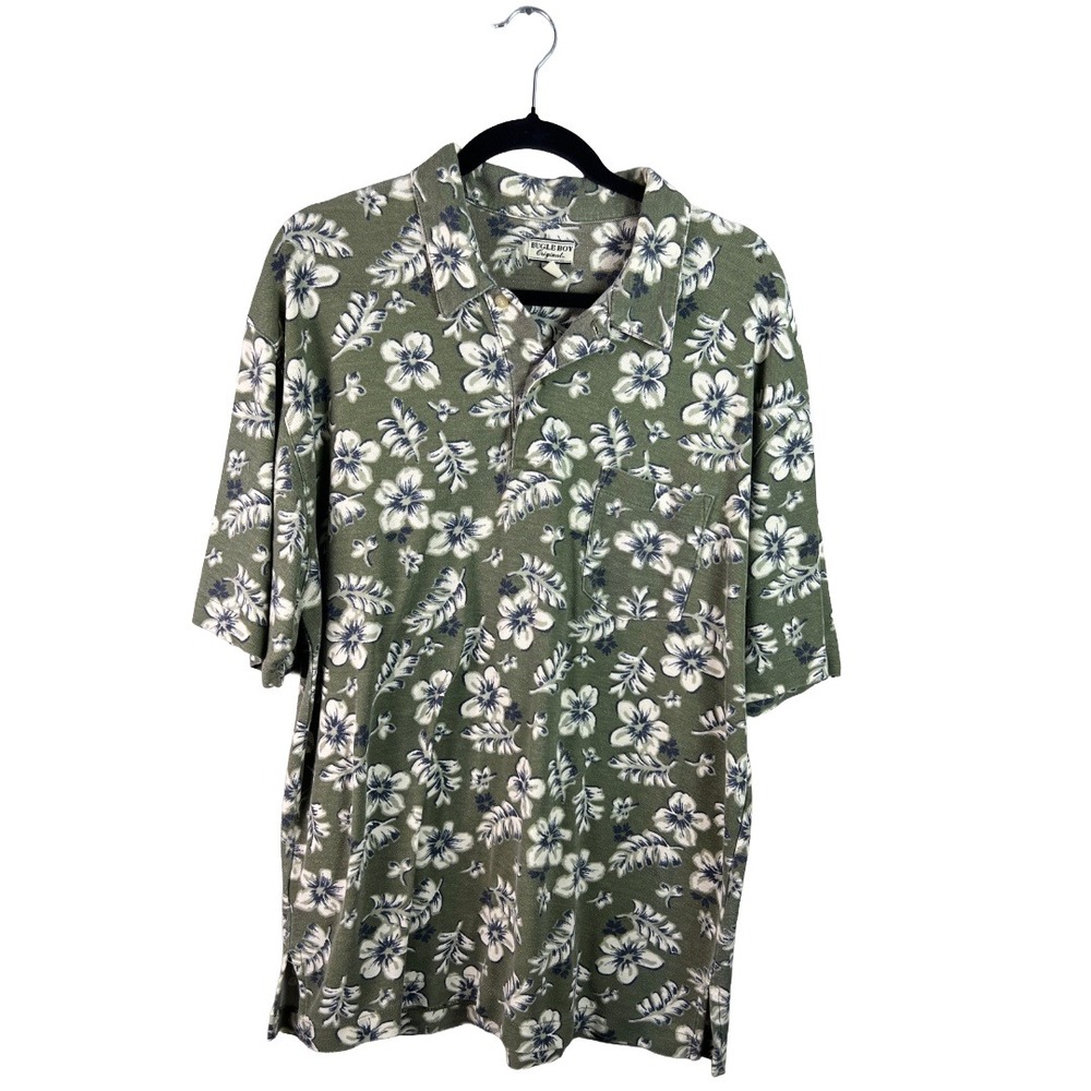 90s Bugle Boy Floral Polo Shirt Men Large Olive Green Hawaiian Vintage